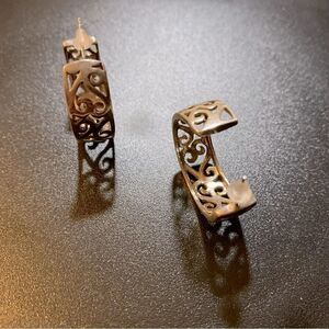 Thick Half Hoop Filagree Pierced Earrings Silver Tone 1” Gorgeous